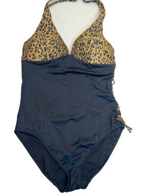 NWT Spigel Women Swimsuit 1 Piece Lace Up Leopard Halter Black/Brown, Sz 16